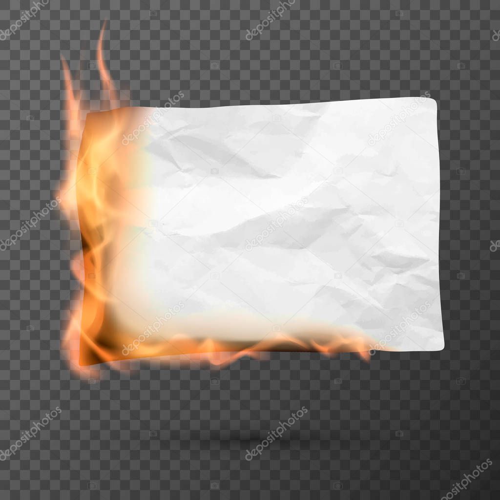 Burning piece of crumpled paper. crumpled empty paper blank. Creased paper texture in fire. Vector illustration isolated on transparent background