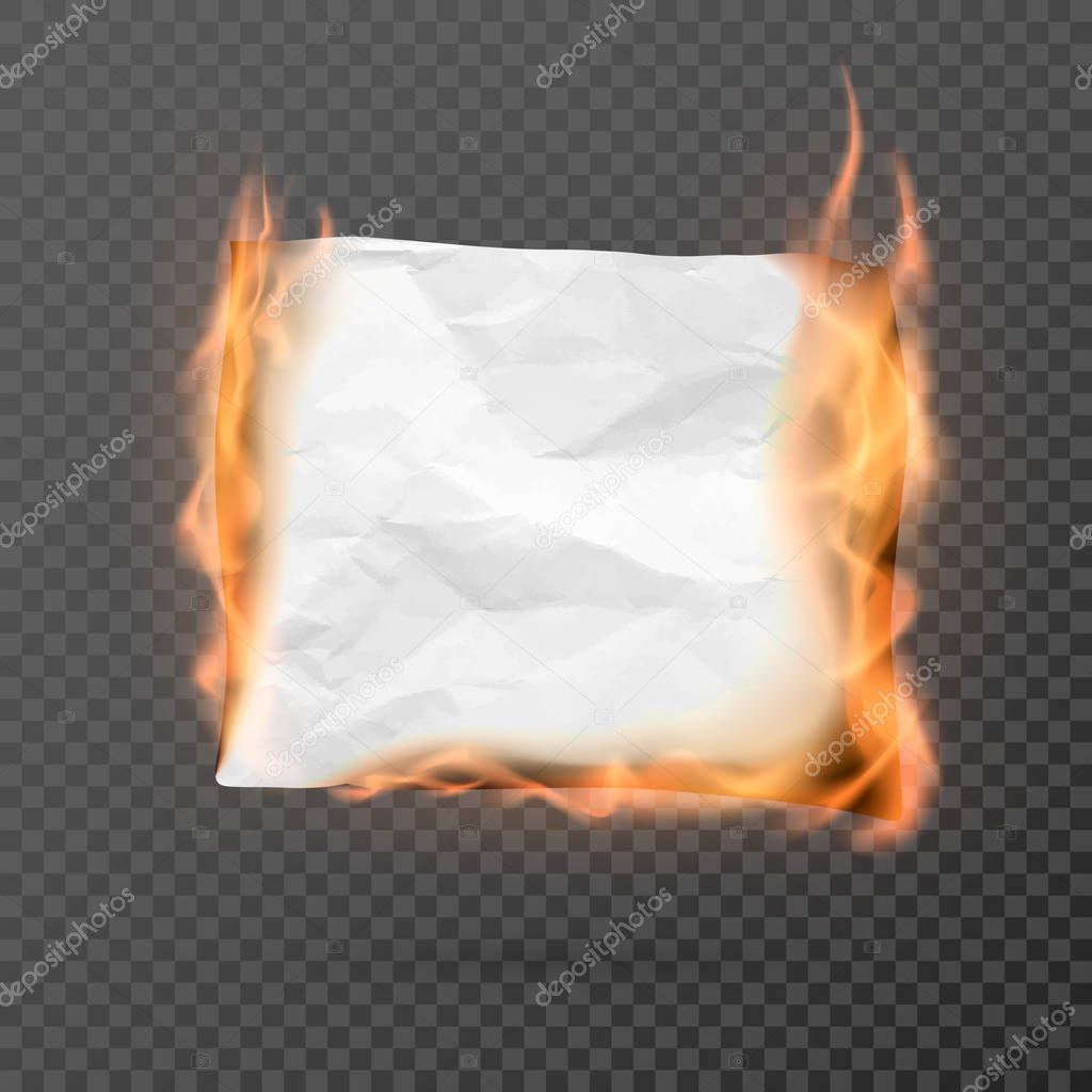 Burning piece of crumpled paper with copy space. crumpled paper blank. Creased paper texture in fire. Vector illustration isolated on transparent background