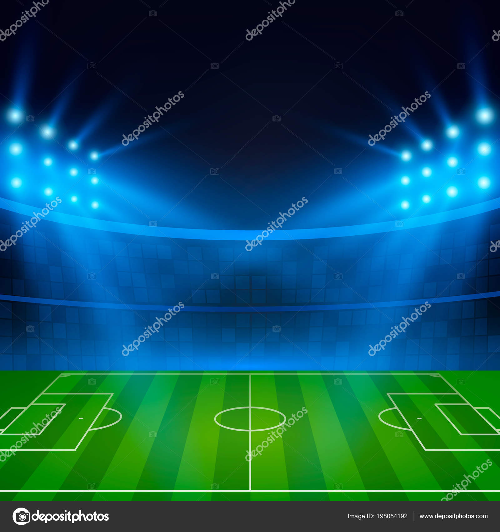 Futebol jogo online conceito, campo de futebol verde, holofotes