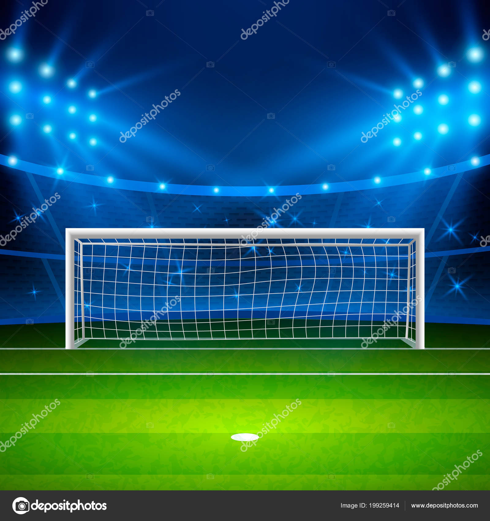 Futebol jogo online conceito, campo de futebol verde, holofotes