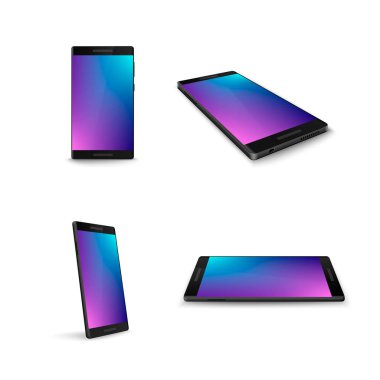 Hareket eden telefon. Akıllı telefon farklı iki tarafın. Realistik modern gadget düzeni. 3D cep telefonu şablon öğesi. Beyaz arka plan üzerinde izole vektör çizim