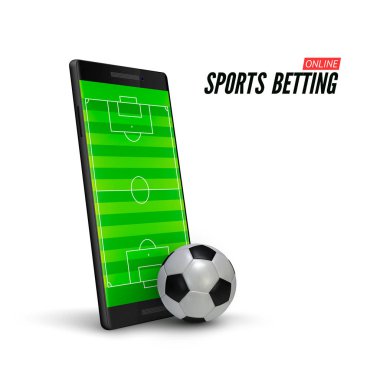 Online bahis spor. Hareket eden telefon ile futbol sahası üzerinde ekran ve realistik futbol topu önünde. Beyaz arka plan üzerinde izole vektör çizim