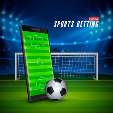 Online bahis spor. Hareket eden telefon ile futbol sahası üzerinde ekran ve realistik futbol topu önünde. Arka plan futbol stadyumu. Vektör çizim