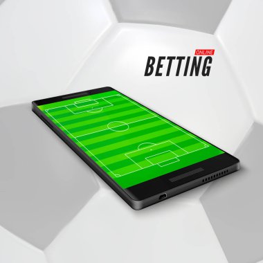 Spor online bahis app üstünde hareket eden telefon. Futbol sahası smartphone ekran üzerinde. Afiş futbol topu arka plan üzerinde bahis spor. Vektör çizim 