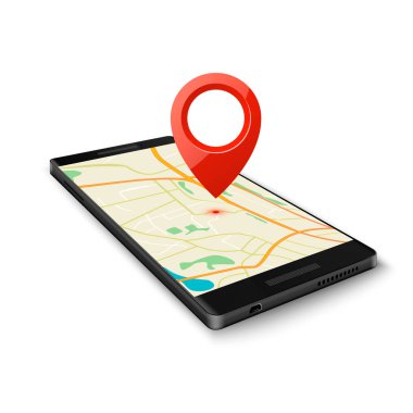Siyah smartphone ile toplu iğne nokta ile harita gps navigasyon uygulaması geçerli konumu üzerinde beyaz izole. Vektör çizim