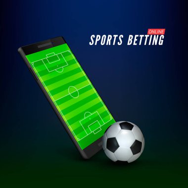 Spor bahis online afiş kavramı. Online futbol bahis app. Hareket eden telefon ile futbol sahası üzerinde ekran ve realistik futbol topu önünde. Vektör çizim