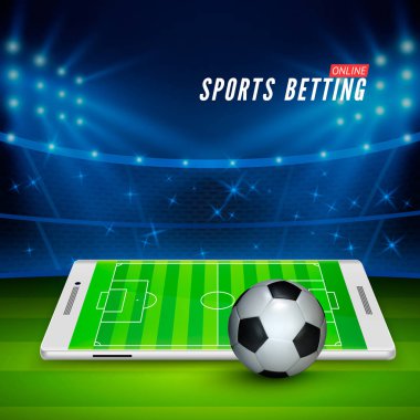 Online futbol bahis. Spor bahisleri kavramı. Futbol Stadyumu ve beyaz cep telefonu ile ön plan topa. Vektör çizim