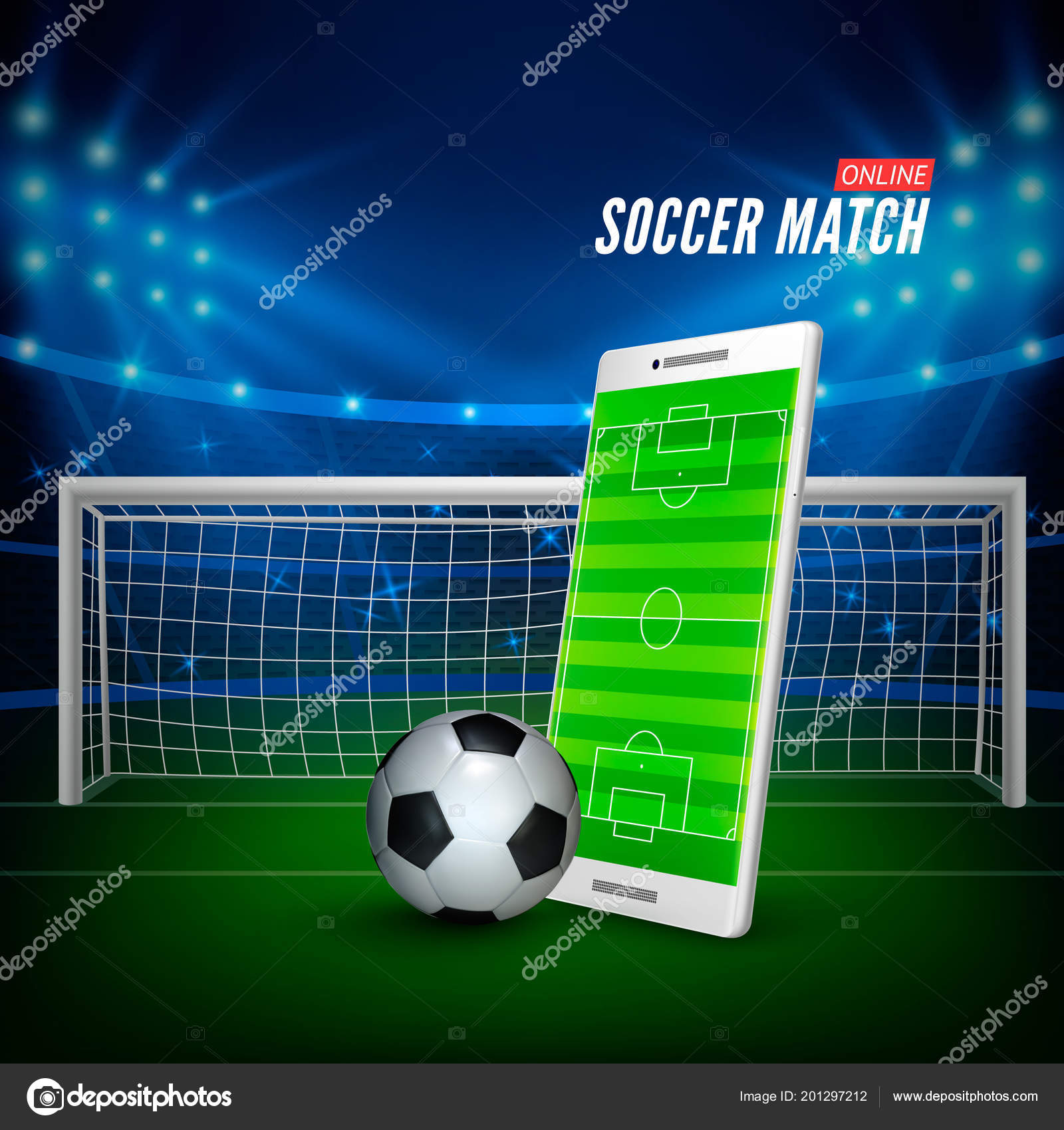 Futebol jogo online conceito, campo de futebol verde, holofotes