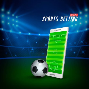 Spor bahisleri online web banner şablon. Smartphone ile ekran ve futbol topu ve futbol stadyumu arka plan üzerinde futbol sahasında. Vektör çizim
