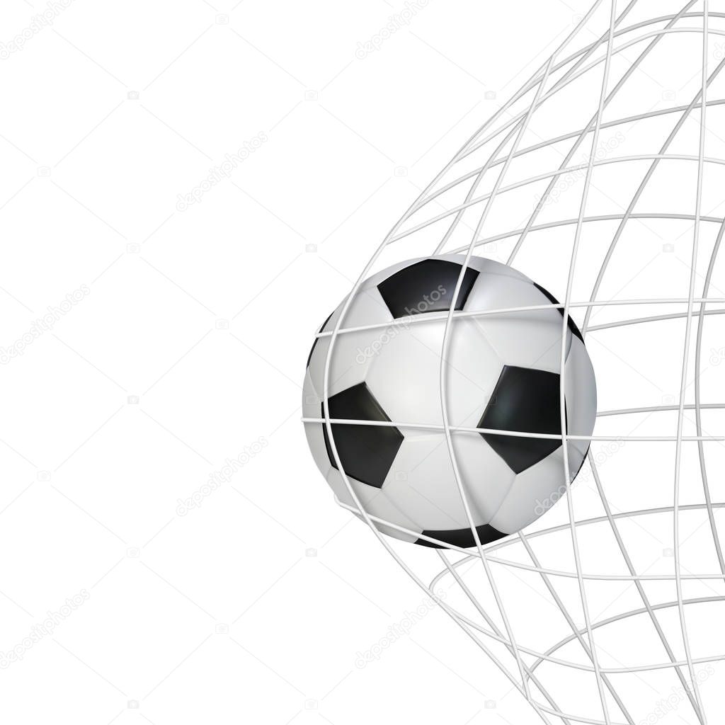 Soccer game match goal moment with ball in the net. Vector illustration isolated on white background