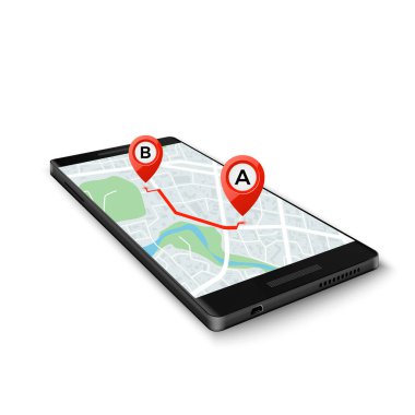 Mobile Gps sistem kavramı. Mobile Gps app arabirimi. Telefonun ekranında yol işaretleri ile eşleyin. Beyaz arka plan üzerinde izole vektör çizim