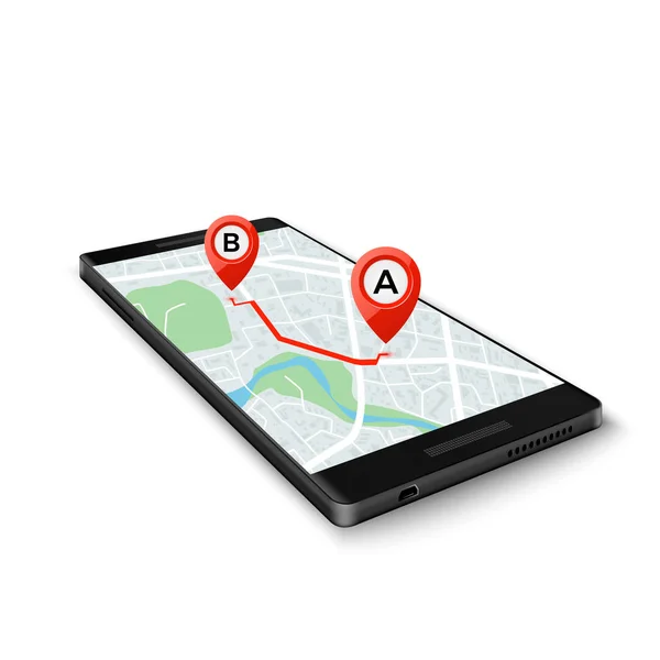 Gps システムの概念 モバイルの Gps アプリのインターフェイス ルート マーカーを携帯電話の画面上のマップします 白い背景で隔離のベクトル図 — ストックベクタ