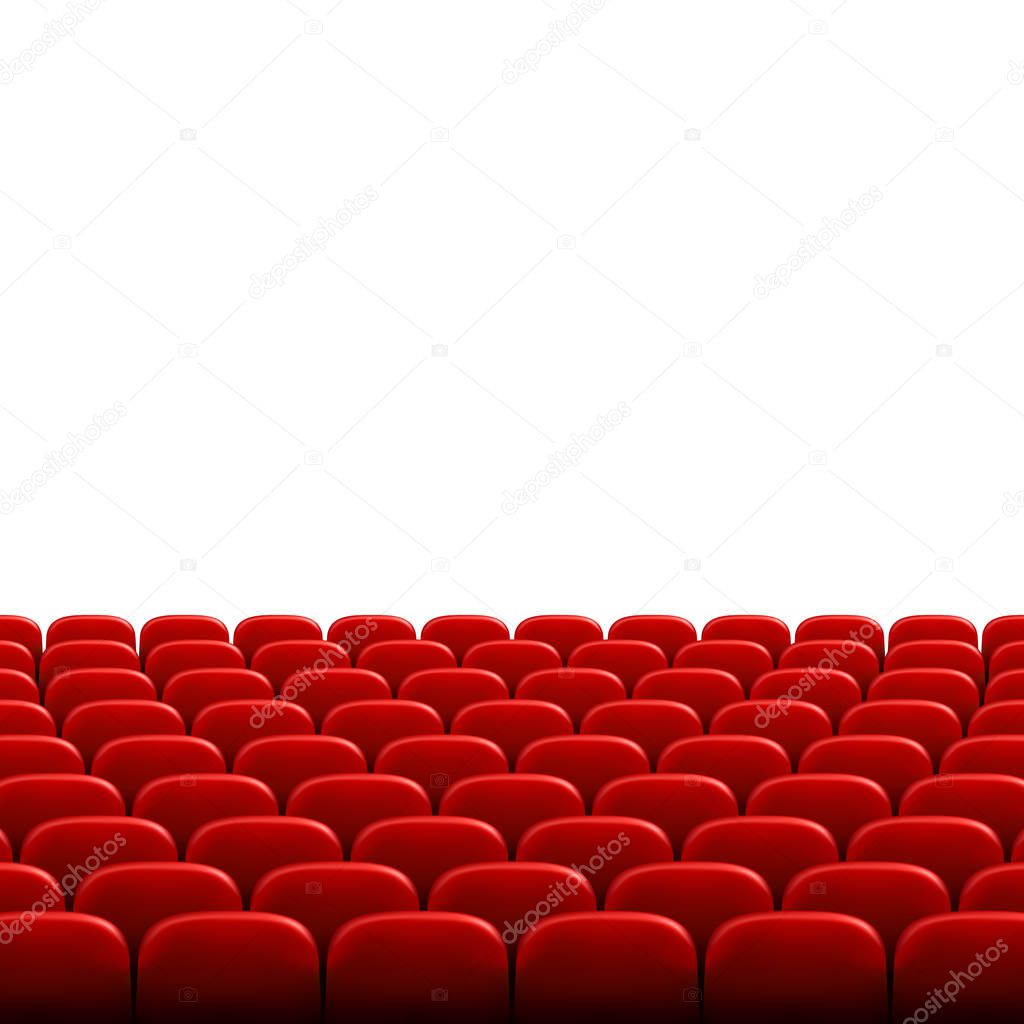 Rows of red cinema or theater seats in front of white blank screen. Wide empty movie theater auditorium with red seats. Vector illustration