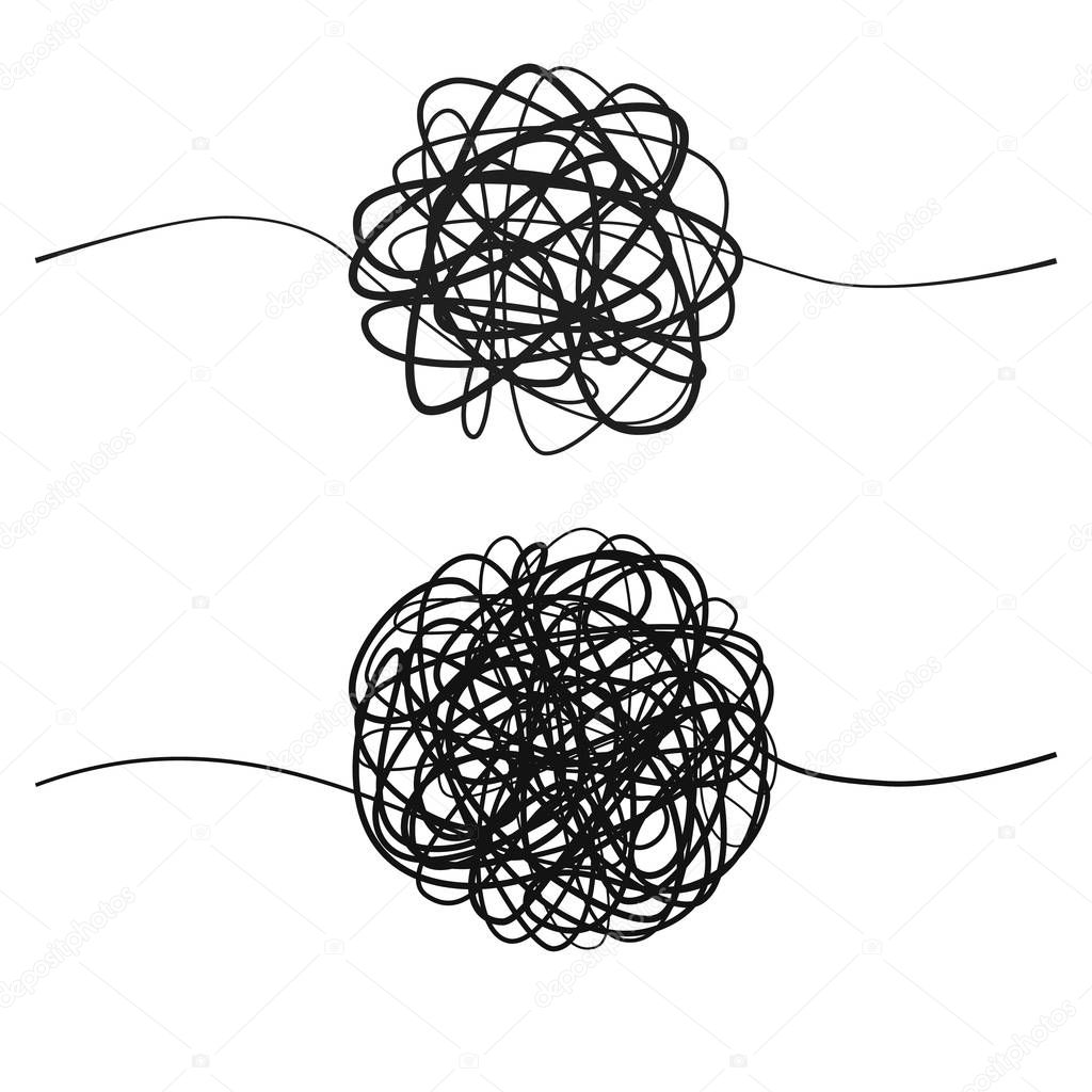 Set of complicated black line way.  Hand drawn tangle of tangled thread. Sketch spherical abstract scribble shape. Vector illustration isolated on white background