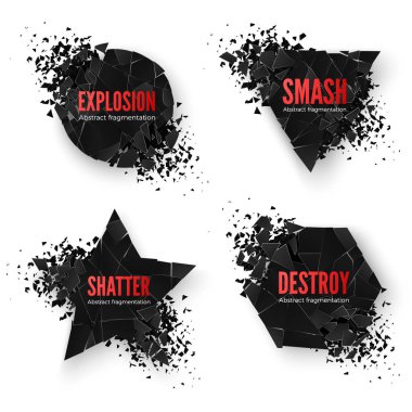 Set of geometric creative banners with space for text. Circle and hexagon, star and triangle destruction shapes. Abstract explosion of black shapes. Vector illustration isolated on white background clipart