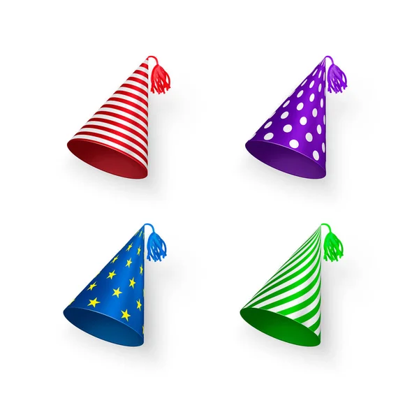 Chapéu Aniversário Chapéus Aniversário Coloridos Com Padrões Geométricos Círculos Listras — Vetor de Stock