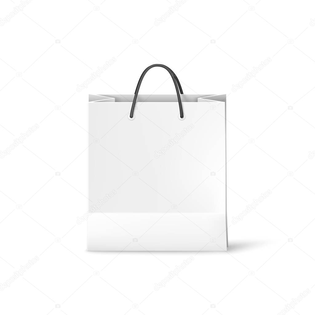 White shopping paper bag. Bag template isolated on white background. Vector illustration