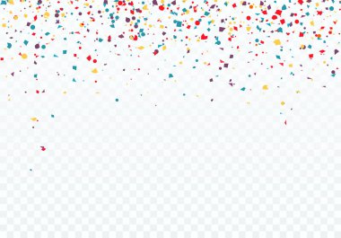 Renkli düşen konfeti. Desenin üst konfeti ile dekore edilmiştir. Saydam arka plan üzerinde izole vektör çizim