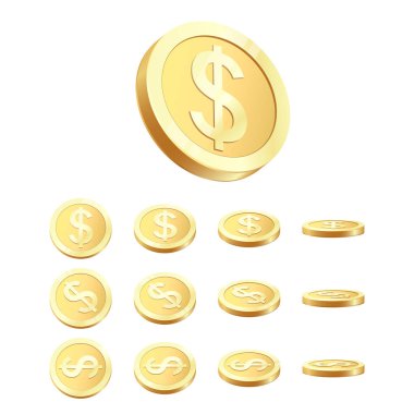 Golden Coin Set. Rotating 3D Golden Coin. Vector illustration isolated on white background clipart