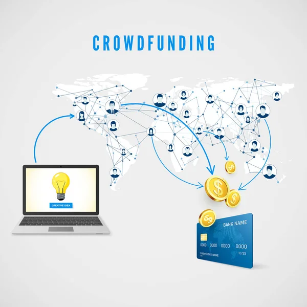 Crowdfunding Personas Red Global Que Donan Dinero Para Idea Negocios — Vector de stock