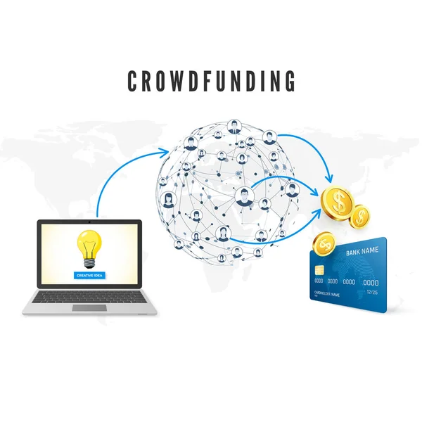Concepto Crowdfunding Personas Red Global Que Donan Dinero Para Idea — Vector de stock
