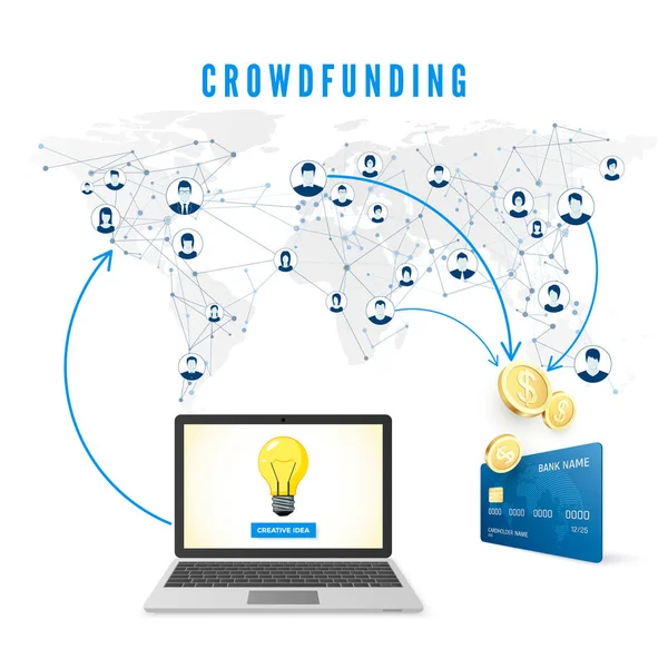 Concepto Crowdfunding Idea Compartir Red Gente Dona Dinero Para Desarrollo — Vector de stock