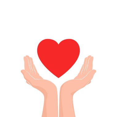 Bakım simgesi seviyorum. Kırmızı kalp iki elinle. Vektör çizim