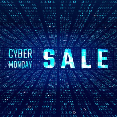 Siber Pazartesi Satış afiş ikili kod arka plan üzerinde Glitch etkisi ile. Vektör çizim