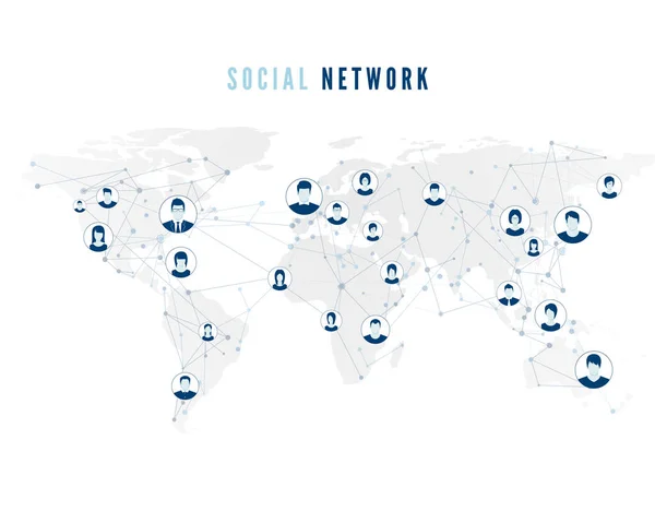 Conexão Rede Social Global Fundo Mapa Mundial Avatares Usuário Conectados — Vetor de Stock