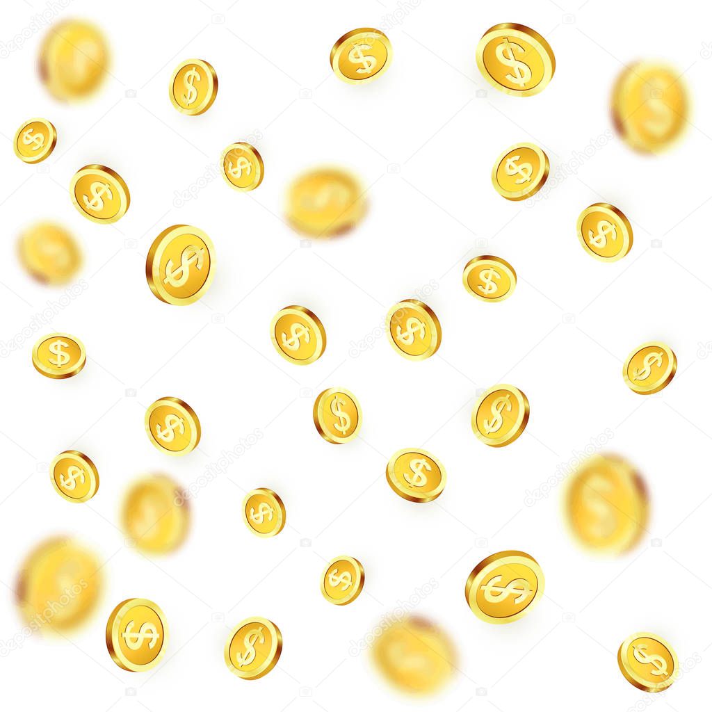 Falling golden coins. Shiny metal dollar rain. Casino jackpot win. Vector illustration