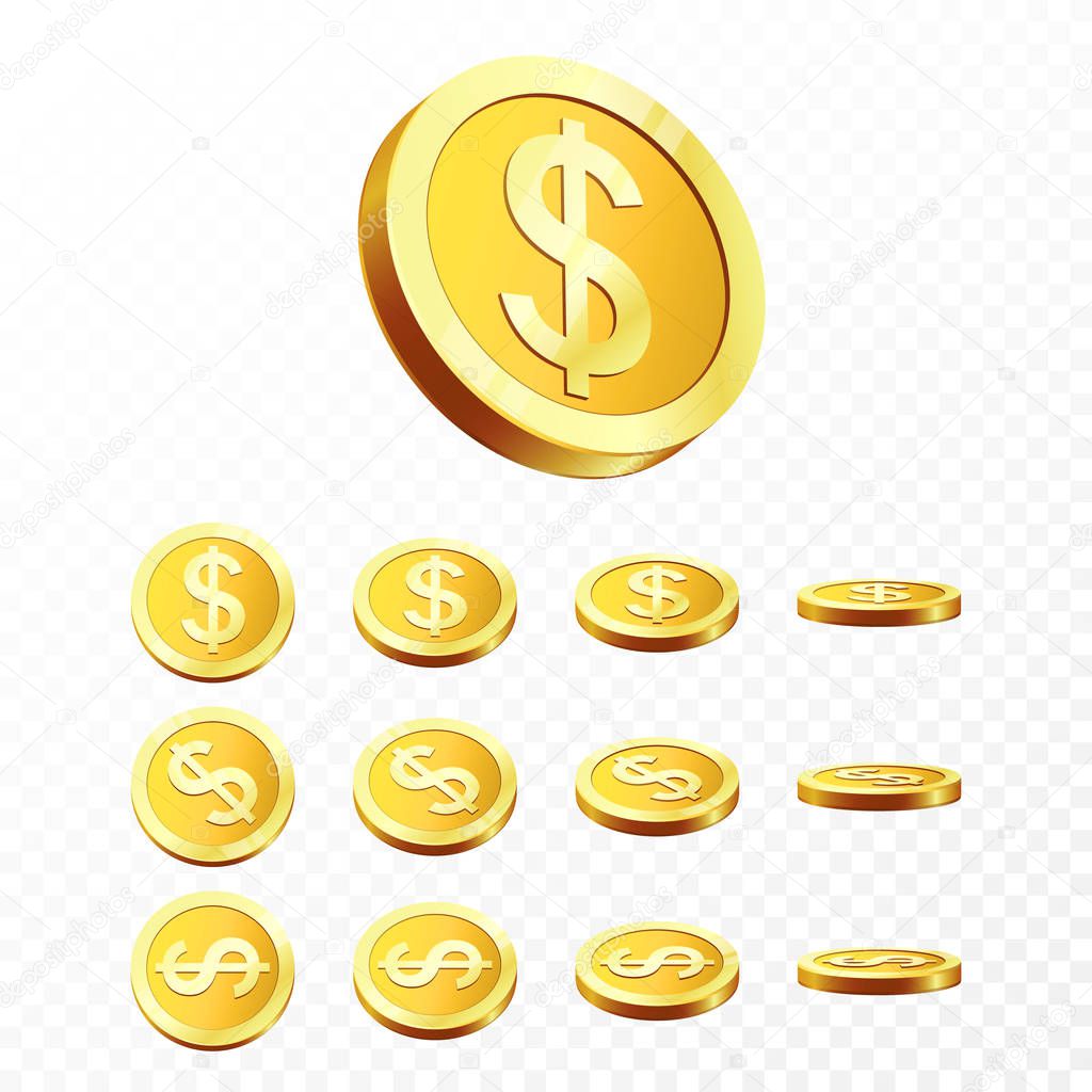 3d Gold coins illustration. Realistic gold coin on transparent background. Vector