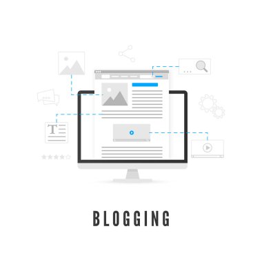 Blogging ya da içerik üretim kavramı. Web sitesi geliştirme üzerine farklı öğeler ekrandan Pc. Vektör çizim