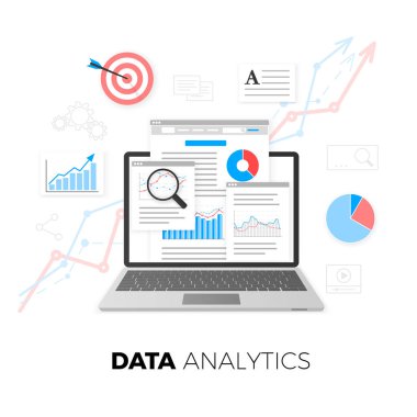 Veri analytics kavramı. SEO Optimizasyon. Arama motoru optimizasyonu. SEO içerik pazarlama. Web analytics tasarım. Beyaz arka plan üzerinde izole vektör çizim
