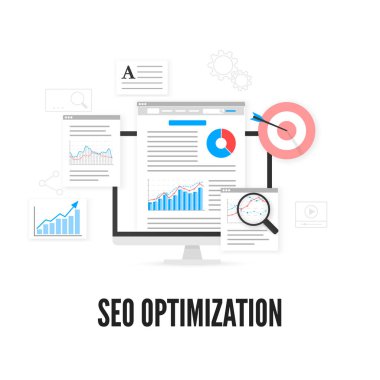 SEO optimizasyonu kavramı. Web analytics tasarım. Arama motoru optimizasyonu. Vektör çizim