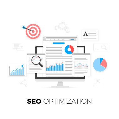 SEO optimizasyonu kavramı. Arama motoru optimizasyon stratejisi. Veri analytics. İçerik geliştirme ve üretim. Vektör çizim