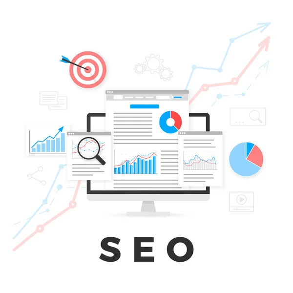 Seo 优化理念 搜索引擎优化 Seo 内容营销 网页分析设计 在白色背景上隔离的矢量插图 — 图库矢量图片