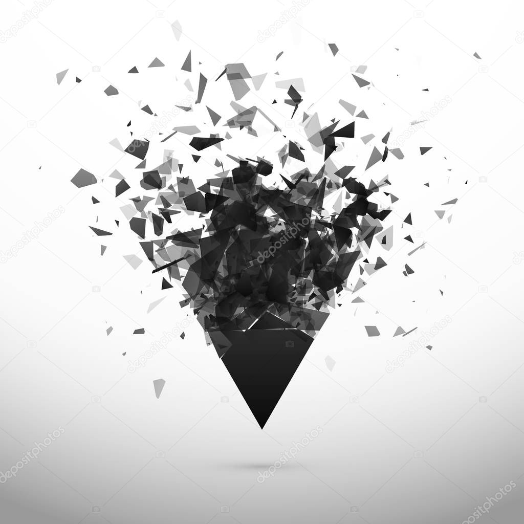 Shatter and destruction dark triangle. Explosion effect. Abstract cloud of pieces and fragments after explosion. Vector illustration isolated on gray background
