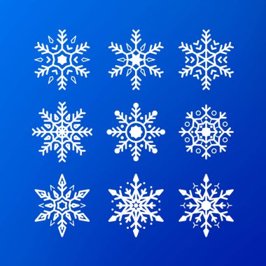 Kar tanesi Icon set. Beyaz renk mavi arka plan izole kar taneleri. Kış Noel kar tanesi kristal dekorasyon öğesi. Xmas frost düz izole siluet simge. Vektör çizim