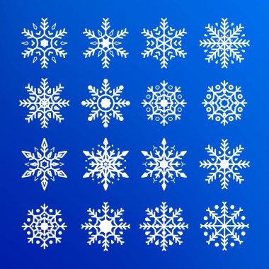 Kar tanesi kümesi. Beyaz kar taneleri soyut topluluğu. Yeni yıl ve Noel tasarım dekorasyon öğeleri. Düz vektör illüstrasyon izole mavi arka plan üzerinde