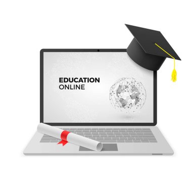 Eğitim Online kavramı. Mezuniyet kep ve Diploma ile dizüstü bilgisayar. Vektör çizim