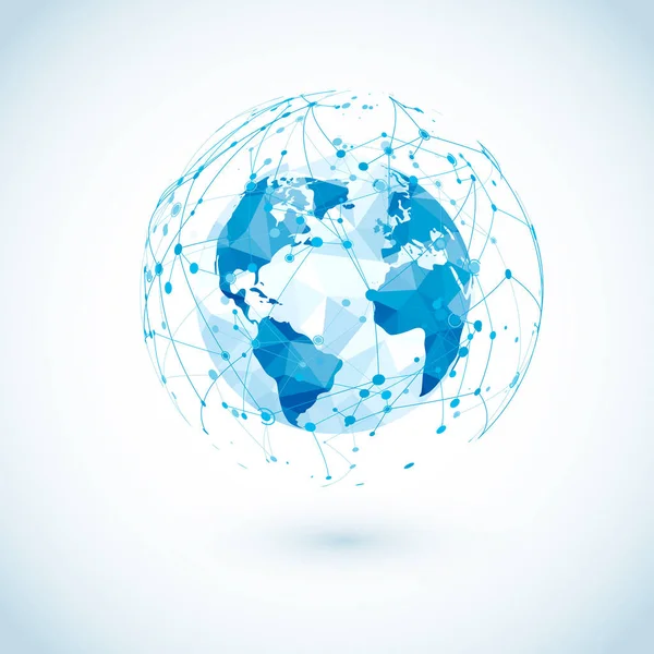Conexão Rede Global Mapa Mundo Poligonal Baixo Com Comunicações Digitais —  Vetores de Stock