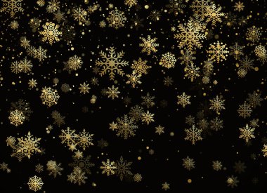 Altın kar taneleri düşüyor. Altın kar yağışı. Siyah zemin üzerine altın kar taneleri ile yeni yıl ve Noel desen. Vektör çizim
