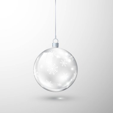 Cam saydam Noel top süslü kar tanesi. Tatil dekorasyon unsuru. Beyaz arka plan üzerinde izole vektör çizim