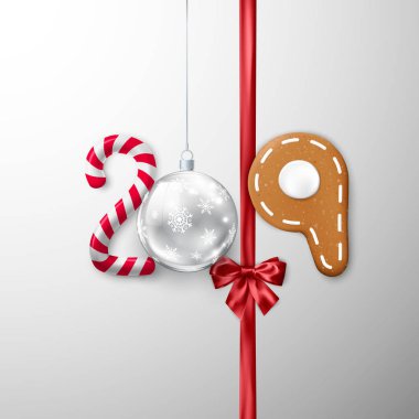 Yeni yıl 2019 afiş. Yaratıcı şenlikli yazı. Şeker ve Noel top şerit yay ve zencefilli kurabiye ile. Vektör çizim