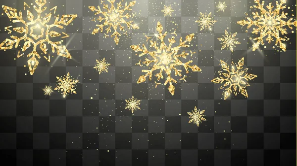 お祭りゴールデン雪片が透明な背景に分離されました 大晦日とクリスマスの魔法装飾 休日のはがき ベクトル図 — ストックベクタ