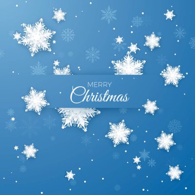 Neşeli Noel tebrik illüstrasyon. Kağıt Snowflakes desen arka plan. Origami kar yağışı. Üzerinde mavi arka plan izole vektör