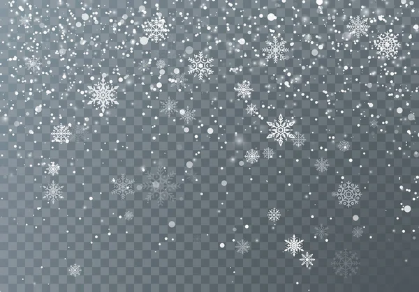 Schneefall Weihnachtsschnee Schneeflocken Fallen Auf Dunklem Transparentem Hintergrund Weihnachtsfeiertag Hintergrund — Stockvektor