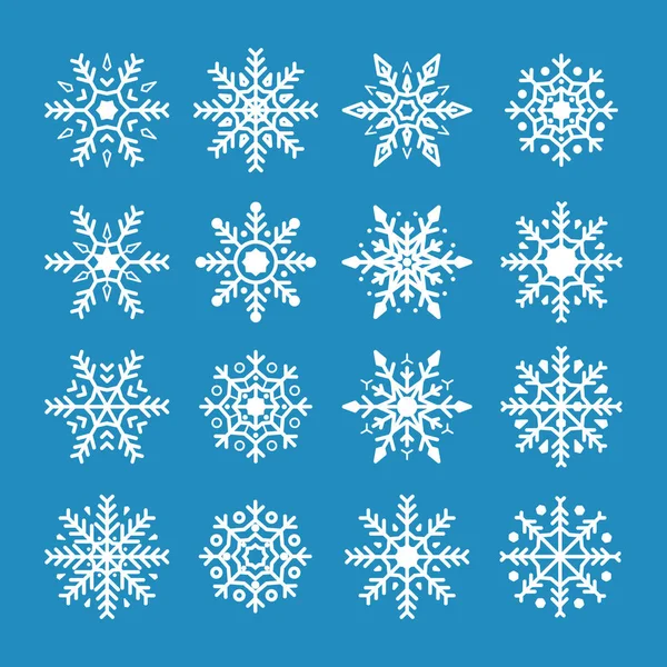 Weiße Schneeflocken Isoliert Auf Blauem Hintergrund Schneeflockensymbol Für Weihnachten Und — Stockvektor