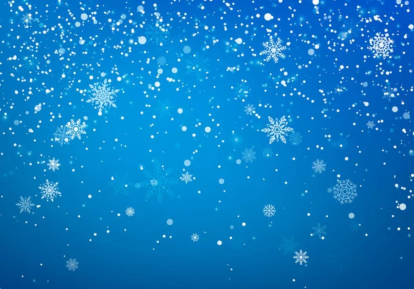 Schneefall Weihnachten Hintergrund Fliegende Schneeflocken Und Sterne Auf Winterblauem Himmel — Stockvektor