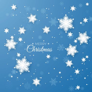 Neşeli Noel tebrik illüstrasyon. Kağıt Snowflakes desen arka plan. Origami kar yağışı. Kış kar taneleri arka plan. Tatil dekorasyon öğesi. Üzerinde mavi arka plan izole vektör